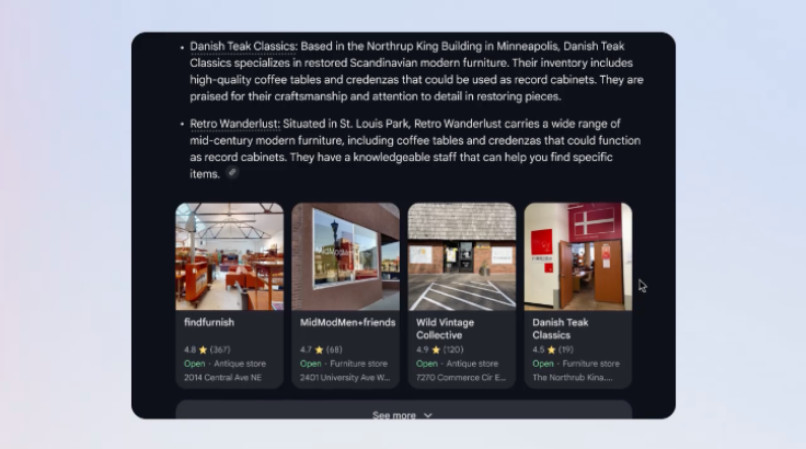 Screenshot of Google video including product cards in search results.