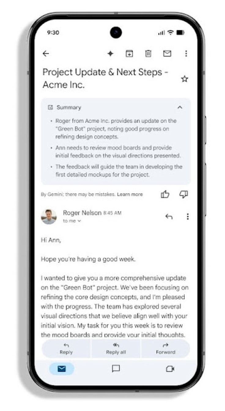 Gmail message with Gemini AI-generated summary on smartphone screen
