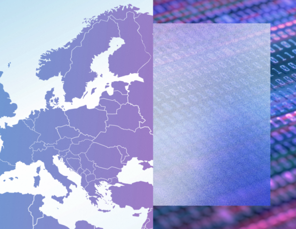 Map of Europe overlaid with digital binary code