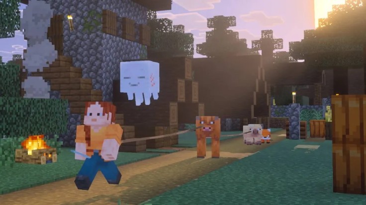 Minecraft character walking pets through village at sunset