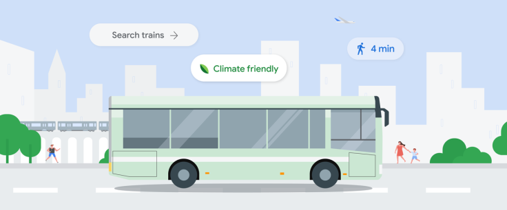 Illustration of a bus with climate-friendly and walking route info