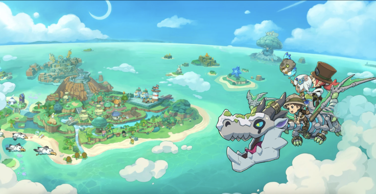 Characters flying Skelegon over island map
