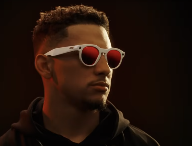 Patrick Mahomes wearing white Oakley Meta smart glasses