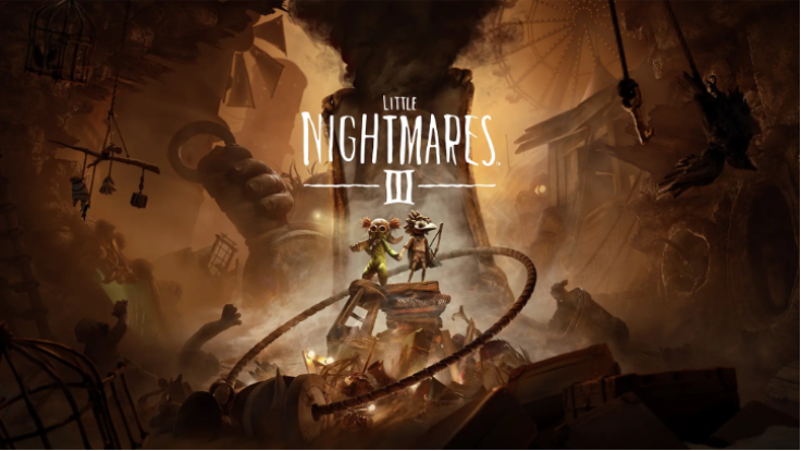 Two characters stand in a dark, eerie junkyard