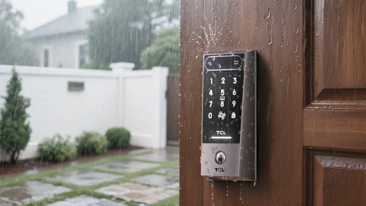 TCL smart lock in rain on wooden door