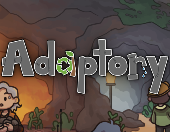 Adaptory game logo with two characters in a cave